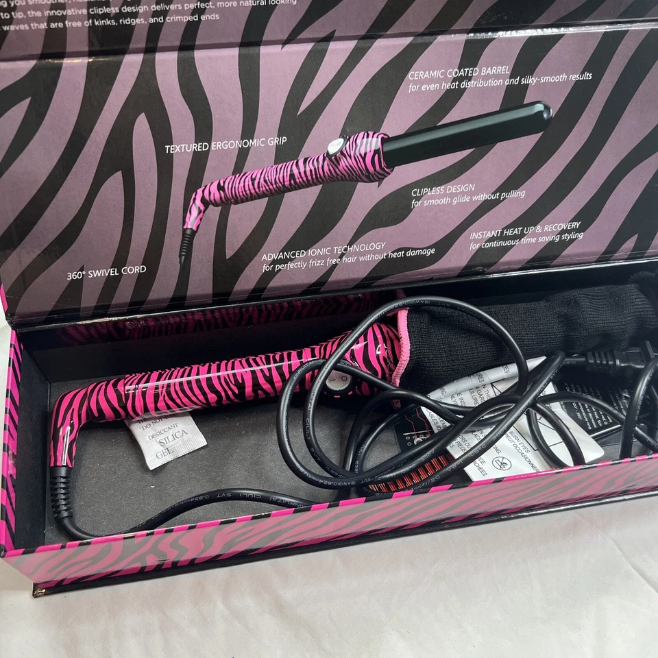 Jose Eber zebra Clipleas Curling Iron, Pink, 25mm  A09062. Glove missing - Image 1 of 4