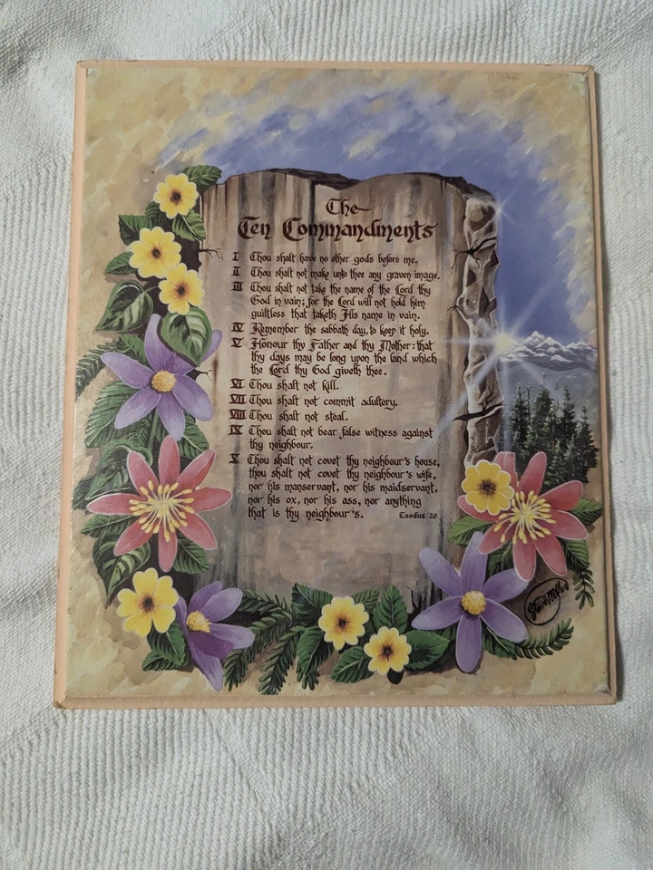 Vintage Ten Commandments Scripture Country Flower Rustic Wood Wall Art Plaque   - Image 1 of 4