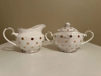 Grace Teaware White and Gold Polka Dot Sugar and Creamer Set NWT - Image 1 of 4