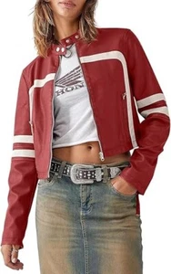 Chaquetas de cuero sintético para mujer abrigos recortados de motocross PU con cremallera cuello alto - Imagen 1 de 5
