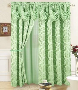 Luxury Jacquard Window Curtains 2 Panel Set With Attached Valance Sheer Backing - Picture 1 of 3