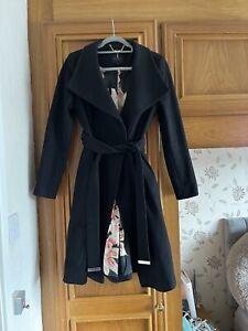 Ted Baker Wool Black Long Wool Coat Size 2 Wrap Wool Coat Belted Trench