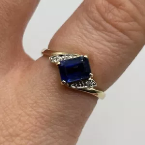 Blue Spinel & Diamond Emerald Cut Bypass Ring 9ct 9k Yellow Gold - Size M 1/2 - Picture 1 of 9