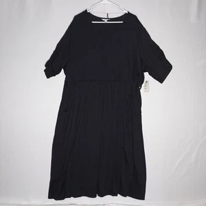 Terra Sky Midi Dress 3X Black Knit V-Neck Faux Wrap Tie 3/4 Ruched Sleeve Witchy - Picture 1 of 5