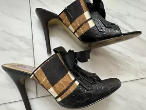 Hale Bob Women Heel Shoes Black Leather w Faux Brown Plaid Fur Fabric Ribbon 10M - Picture 1 of 13