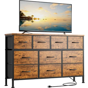 10 Drawer Dresser 43" TV Stand with Power Outlet Chest of Drawers Storage Brown - Picture 1 of 9