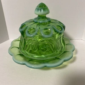VTG EUC Mosser Cherry Thumbprint Green Opalescent Round Covered Butter Dish - Picture 1 of 15