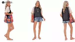 EVALESS Black &Tan Short Sleeve Tops Cute Summer Casual Raw Edge Women's M - Picture 1 of 5