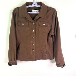 AMI Stretch Denim Jean Jacket Womens L Brown Waist Length Buttons Collar - Picture 1 of 8