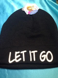 New Claire's Disney Black Knit Hat Cap Beanie White "Let It Go" Front Frozen  - Picture 1 of 5