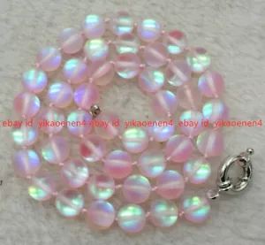 Natural 6/8/10mm Pink Gleamy Rainbow Moonstone Round Gemstone Beads Necklace 18" - Picture 1 of 15