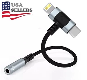 Lightning &USB-C to 3.5 mm Audio AUX Headphone Jack Adapter 2-IN-1 MFi-Certified - Picture 1 of 7