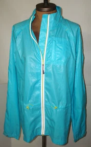 New Athleta Wind Breaker Rain Jacket Full Zip L Aqua Blue Yellow Pockets Cinch - Picture 1 of 10