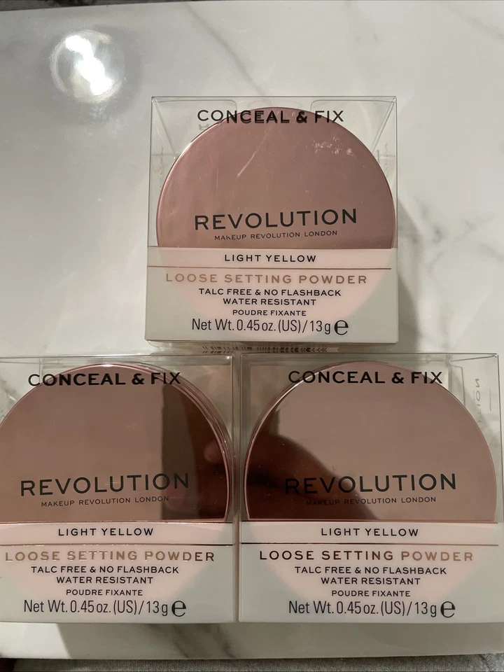 Pack of 3 Makeup Revolution Beauty Conceal & Fix Setting Powder, Light Yellow - Image 1 of 1