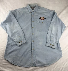PENNZOIL WORLD OF OUTLAWS Mens Lg L BUTTON-FRONT BLUE DENIM SHIRT Pockets NASCAR - Picture 1 of 15
