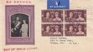 1937 Coronation FDC SS Bremen Cachet KGVI Pair Block Airmail to USA - Picture 1 of 2