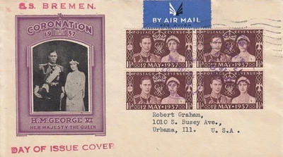 1937 Coronation FDC SS Bremen Cachet KGVI Pair Block Airmail to USA - Image 1 of 2