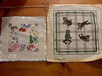 2 HANDPAINTED NEEDLEPOINT CANVAS Handsome PRINCE TOADS 17x17 Frogs/ Xmas Mittens - Image 1 of 4