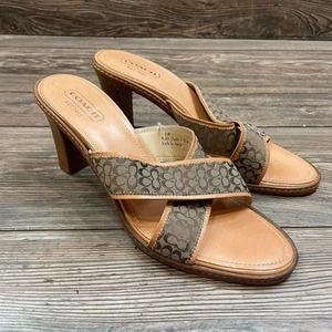Coach Logo Tan Heels Sandals Slides Mules Shoes Made in Italy SZ 11 C102004 - Picture 1 of 8