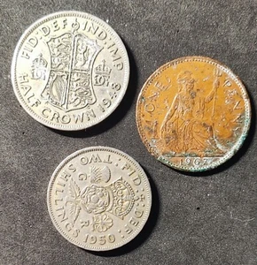 Lot. Half Crown 1948, Two Shillings 1950, One Penny 1967 England - Picture 1 of 8