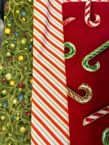 25-03-151 Christmas Prints Fabric Lot-3 Pieces-candy cane, stripe, bubbles - Picture 1 of 7