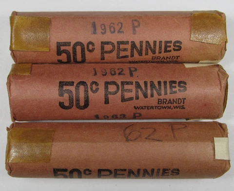 1962 P Lincoln Cents/Memorial Penny Lot of (3) Old Unopened BU Rolls UNC Pennies Cover