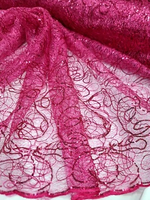 Fuchsia Spider Web Embroidery Lace Sequin Prom Fabric Sold by the Yard Quinceañe - Image 1 of 4