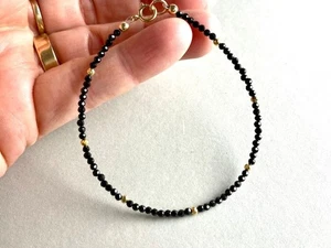 Beautiful Black Spinel Faceted Round 2-3MM Gemstone Bead Handmade Bracelet 6-8" - Picture 1 of 12