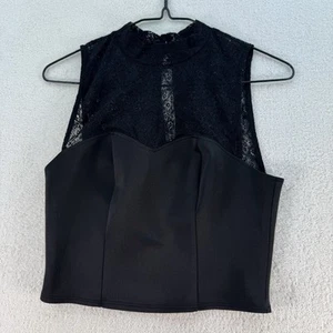 TopShop Women's Top Size 10 Colour Black High Neck Lace Floral Crop Cami Blouse - Picture 1 of 11