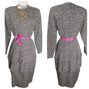 Vestido Vintage Años 80 Negro Blanco Cuadros Floral Peplum Mujer Grande Manga Larga - Imagen 1 de 6