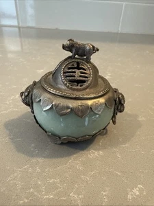 VTG Foo Fu Pig & Lion Chinese Brass and Marble Jade Incense Burner - SIGNED 3” - Bild 1 von 7