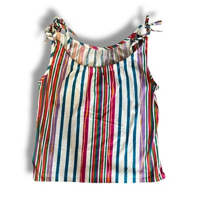 Vintage Multicolor Striped Tank Top 90s Cotton Tie Shoulder Blouse - Image 1 of 4