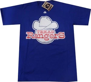 T-shirt blu Texas Rangers Throwback Majestic logo rialzato Cooperstown nuove etichette - Foto 1 di 4