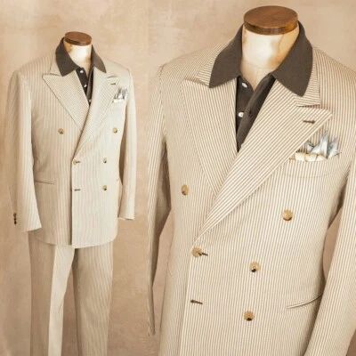 Seersucker Hombres Trajes Ajuste Regular Doble Pecho Verano Playa Pico Solapa Esmoquin Foto 1 de 4