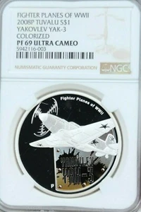 2008 TUVALU SILVER 1 DOLLAR WWII FIGHTER YAKOLEV YAK-3 NGC PF 69 ULTRA CAMEO - Picture 1 of 4