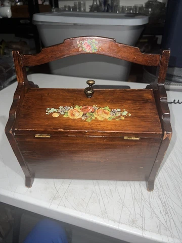 VINTAGE 1900’s WOOD HP TOLE ROSES SEWING BOX POLISHED STUNNING DOUBLE LID Cover