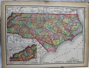 RAND MCNALLY ATLAS MAP PAGE PLATE OF NORTH CAROLINA & WEST VIRGINIA 1895 VINTAGE - Picture 1 of 2