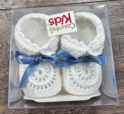 Baby Boy Clothes New Country Kids 0-6 Month White Crochet Blue Ribbon Booties - Image 1 of 2