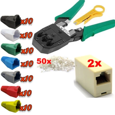 Network LAN RJ45 Cat 5e Cat6 Couplers Joiners Connectors Boots Crimping Tool Kit - Image 1 of 4