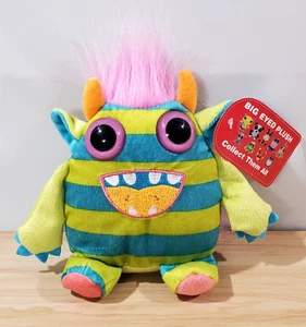 Big Eyed Plush Green & Blue Striped Plush Monster w/ Pink Hair & Orange Horns - Picture 1 of 7
