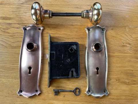 Mission Era Brass Door Knobs, Backplates, Mortise Lock & Key, Free S/H Cover