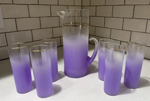 MCM Blendo Purple Orchid Ombre Pitcher & Ice Tea Set of 6 Glasses VINTAGE - Picture 1 of 12