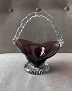 Hand Blown Amethyst Purple Heart Glass Basket Vase w/Clear Twist Handle 6" - Picture 1 of 5