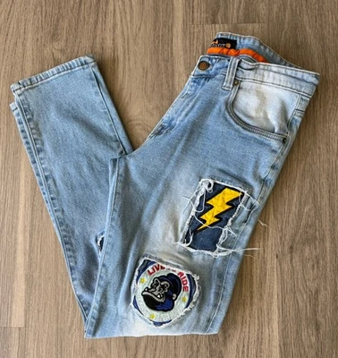 Pantalones de mezclilla con remaches de cobre 34x32 parches desgastados Foto 1 de 4