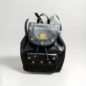 MCM Grained Calfskin Studded Drawstring Backpack Black - Picture 1 of 8