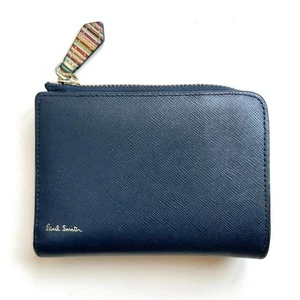 Paul Smith Authentic Leather Bifold Wallet Zip Straw Grain 2 Navy - Picture 1 of 7