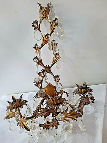 Vintage Italy  Wall 3 Candle Sconce Crystal Prisms Gold Gilt Cover