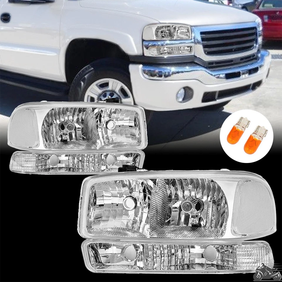 Faróis transparentes cromados + lâmpadas de para-choque conjunto com 4 peças para GMC Sierra 99-06 Yukon 00-06 - Imagem 1 de 4