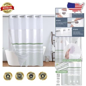 Stylish Sage Green & White Striped Shower Curtain with Easy Care Liner 71"x74" - Picture 1 of 9