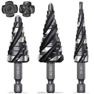Four Spiral Flute Step Drill Bit Set 3 Pcs HSS Step Drill Bits 1/8"-7/8" Unibit - Picture 1 of 8